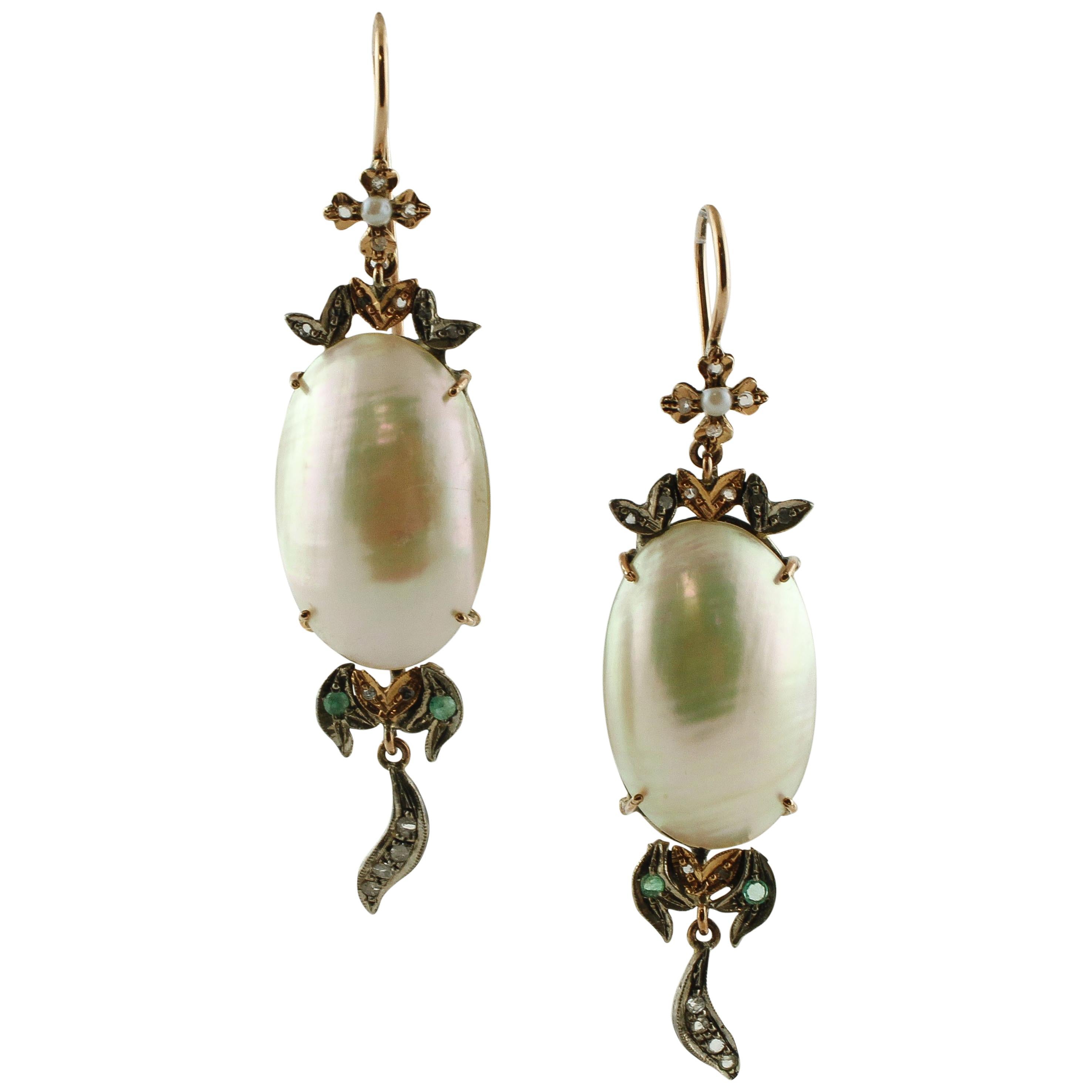 Pearls, Emeralds, Diamonds, Rose Gold and Silver Retrò Earrings. For ...