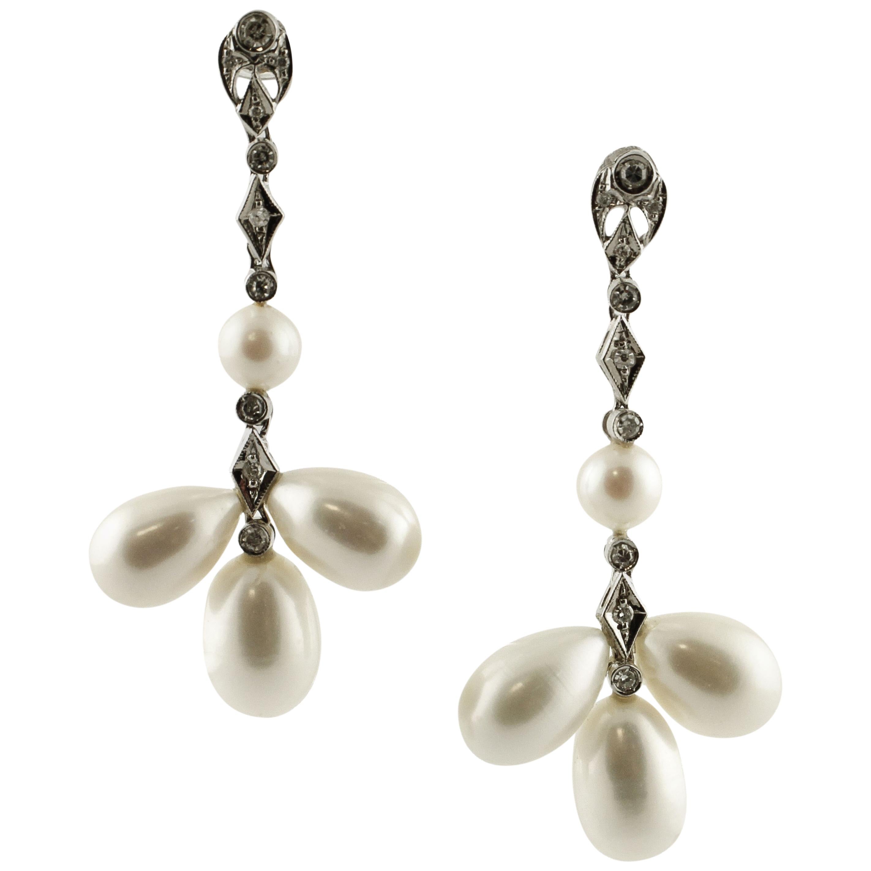 9 G White Pearls, 0.45 Carat White Diamonds White Gold Chandelier Earrings