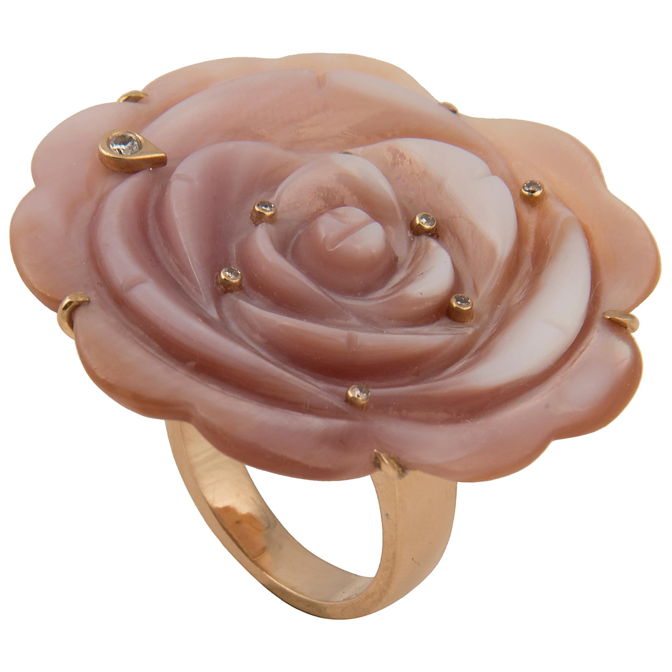 Florence Larochas 14 Karat Gold Diamond and Pink Mother of Pearl Flower Ring For Sale