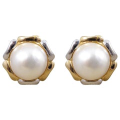 Vintage South Sea Pearl Omega Clip Earrings with 14 Karat White and Yellow Gold Surround