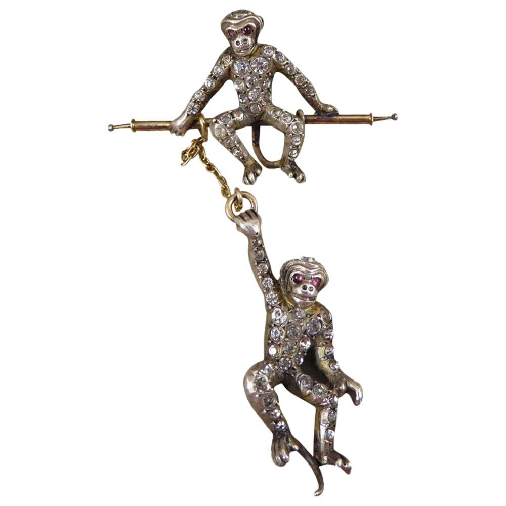 Antique Edwardian Novelty Hanging Paste set Monkey 9ct Gold and Silver Brooch