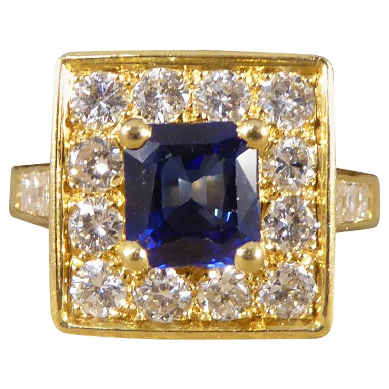 Vintage Square Face French Sapphire and Diamond 18 Carat Gold Ring