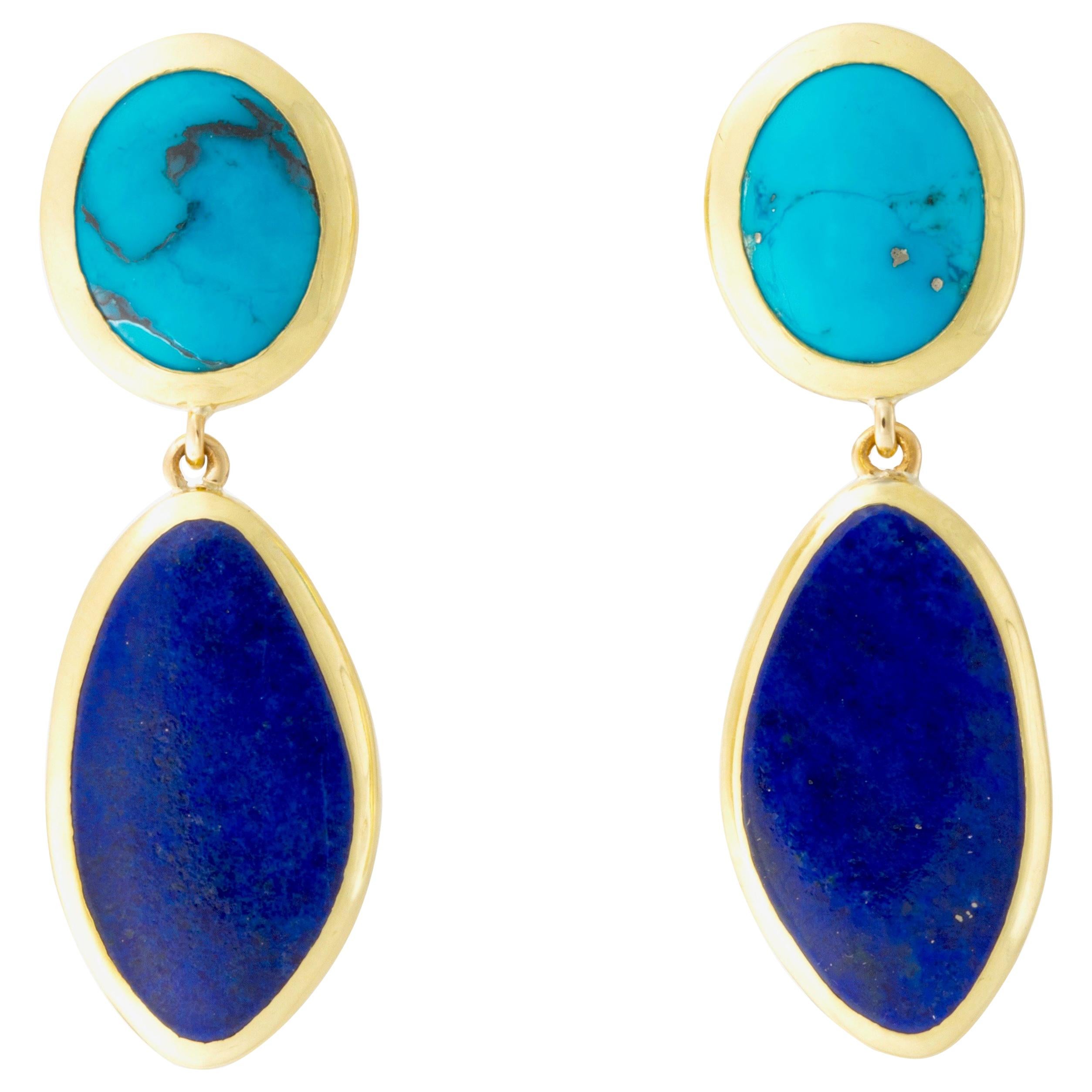 Turquoise and Lapis Earrings in 18 Karat Gold