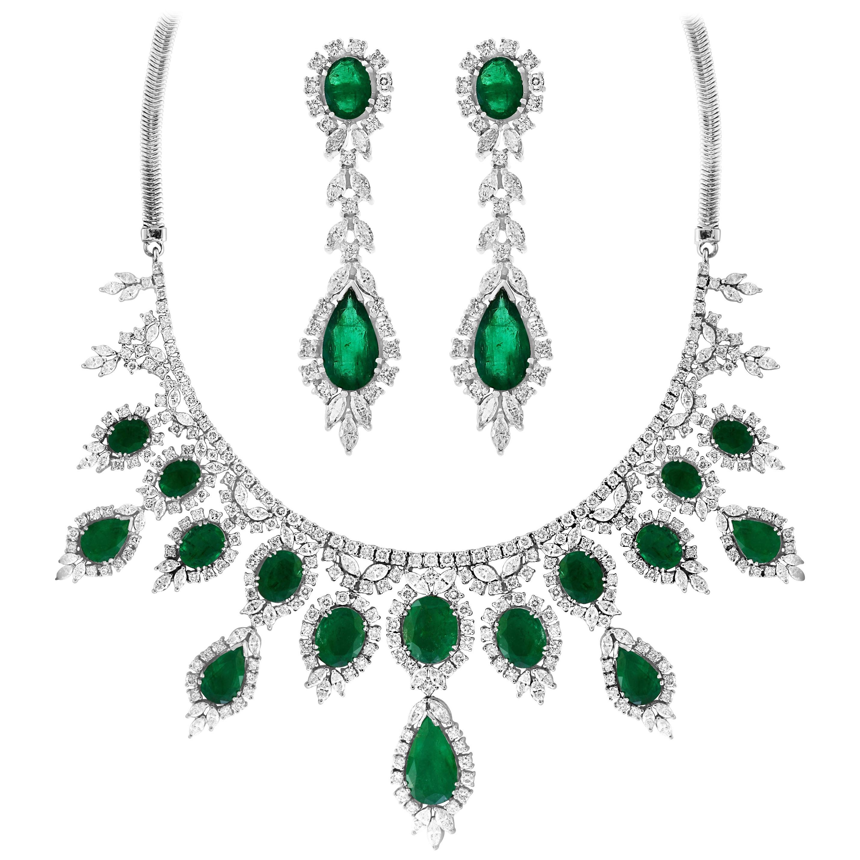 GIA Certified 65 Ct  Emerald and Diamond Necklace and Earring  Bridal  Suite