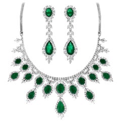 Vintage GIA Certified 65 Ct  Emerald and Diamond Necklace and Earring  Bridal  Suite