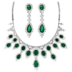 GIA Certified 65 Ct  Emerald and Diamond Necklace and Earring  Bridal  Suite