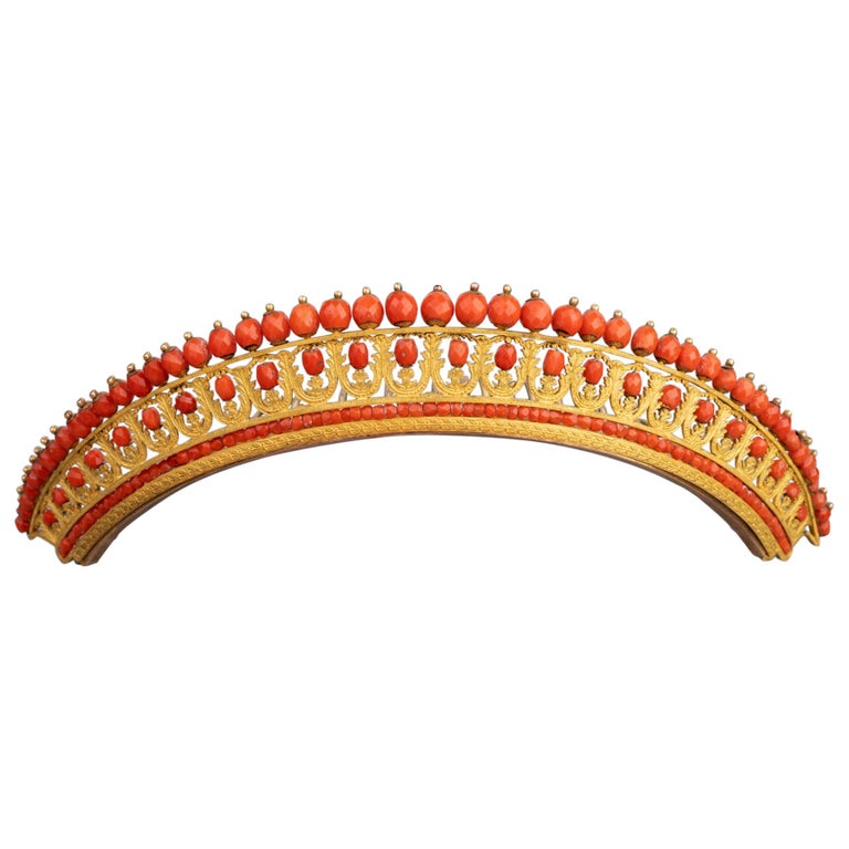 Antike Napoleon III Koralle vergoldete Metall Tiara 1