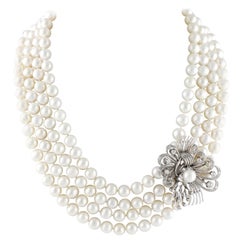 Vintage Pendant Gold Diamonds Multi-Strand Pearls Necklace