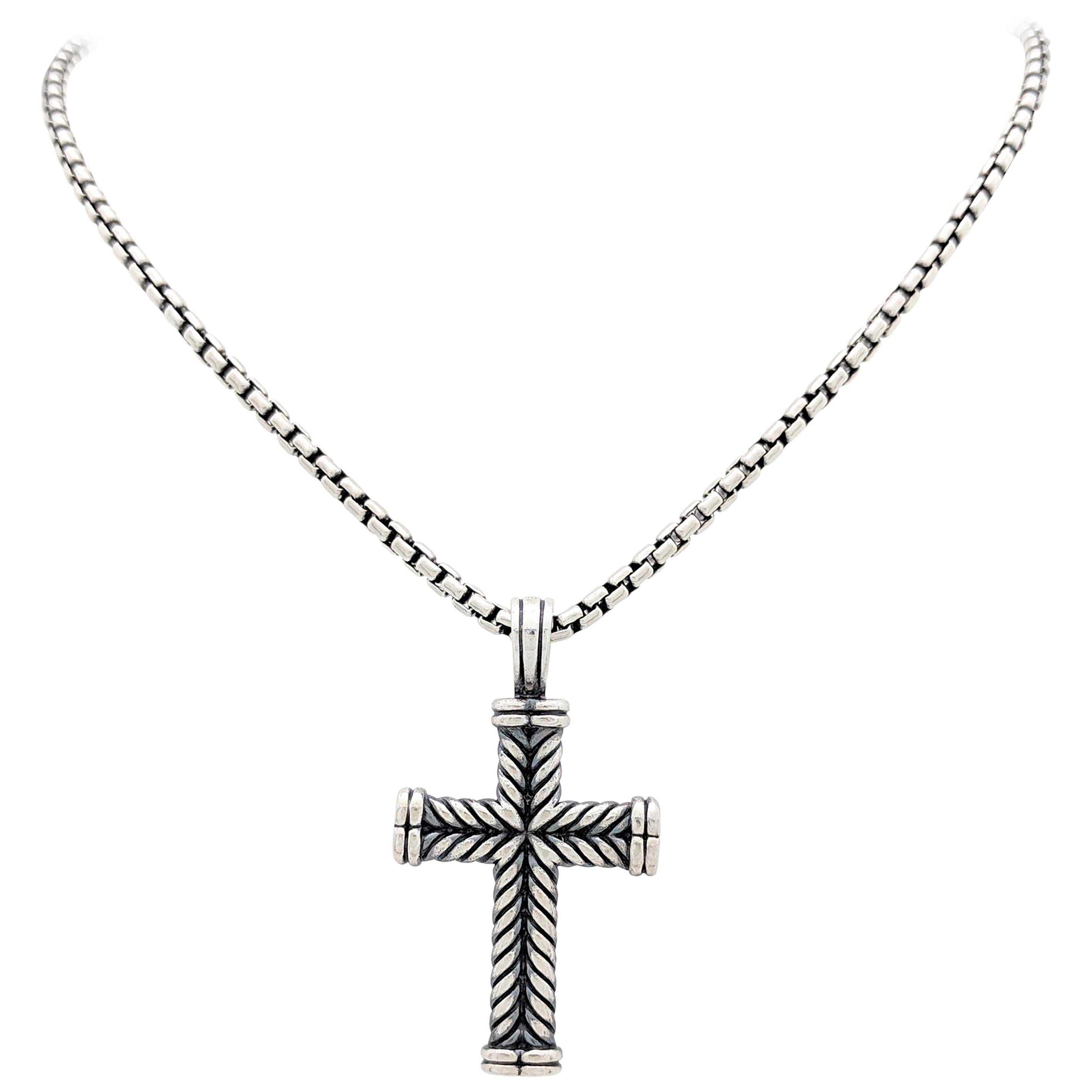 Men's David Yurman Chevron Cross Pendant on Small Box Chain Necklace