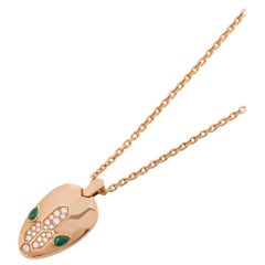 Bulgari 18 Karat Rose Gold Round Cut Diamond & Malachite Serpenti Necklace