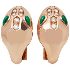 Bulgari 18 Karat Rose Gold Round Cut Diamond & Malachite Serpenti Earrings 