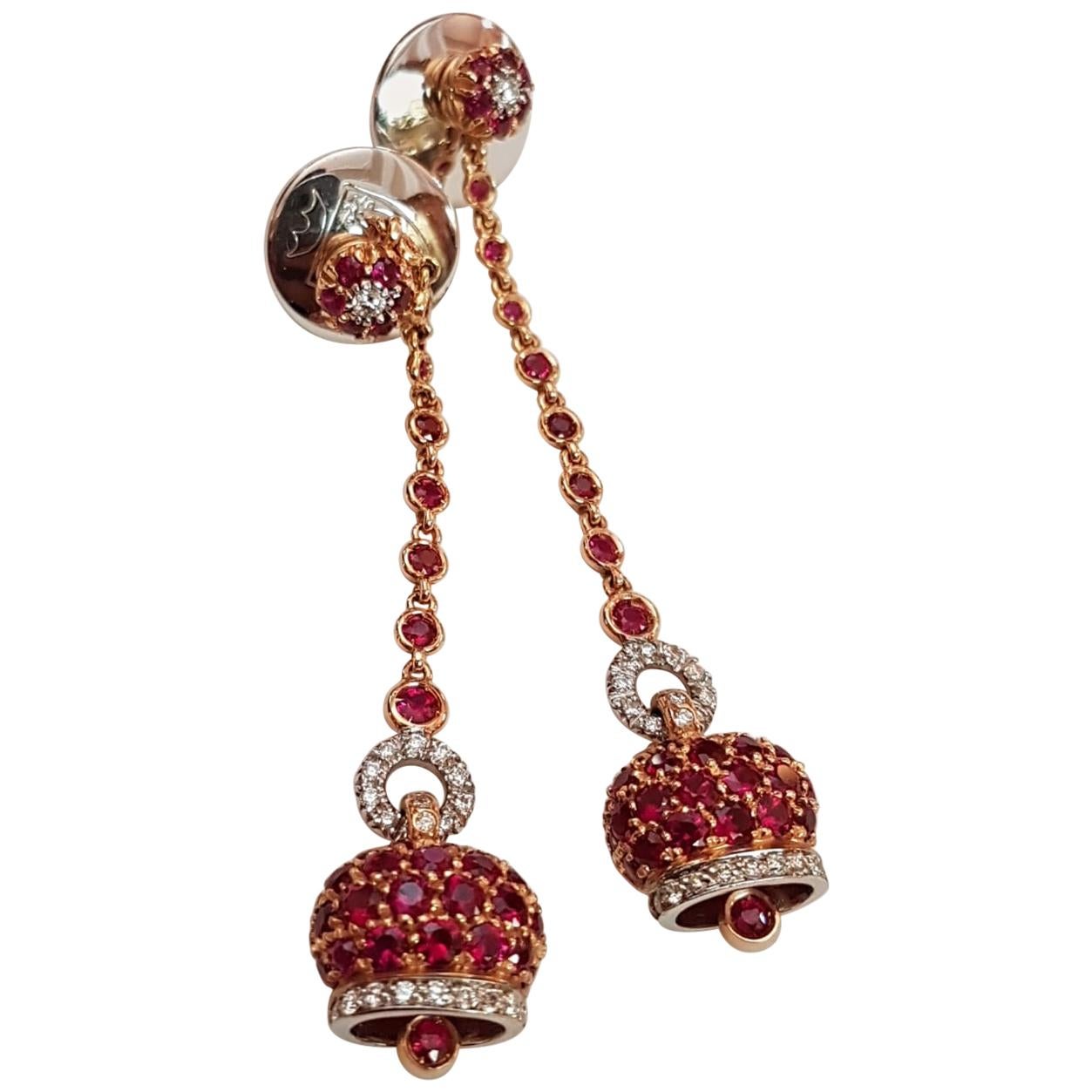 Chantecler Rose and White Gold Diamond Rubies Pavé Long Drop Earrings For Sale