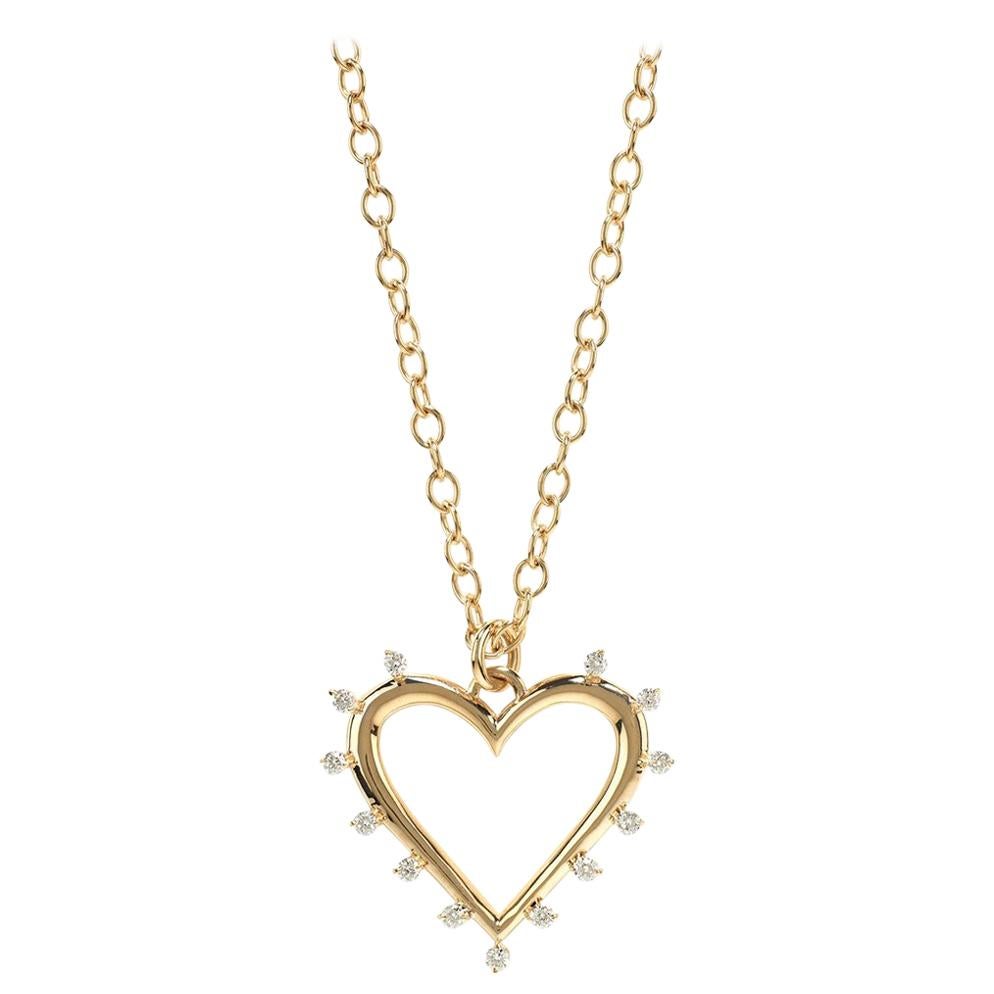 Marlo Laz White Diamonds Yellow Gold 14 Karat Open Heart Charm Necklace For Sale