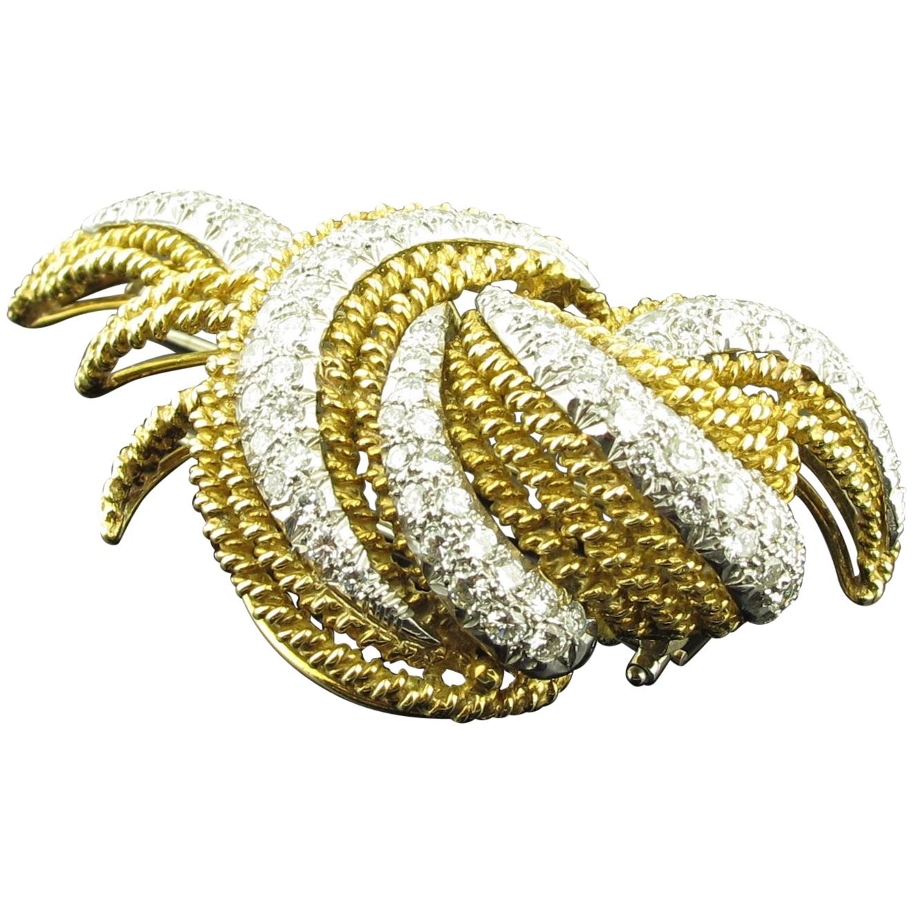 Diamond, Platinum and 18 karat yellow gold Woven Brooch For Sale