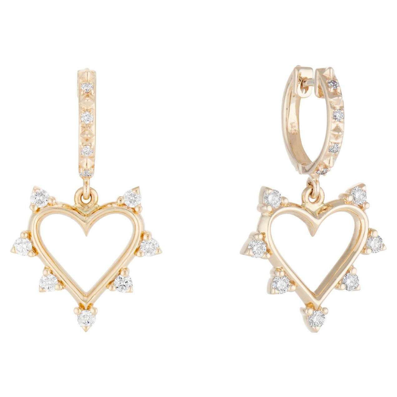 Marlo Laz White Diamond Yellow Gold 14 Karat Heart Spiked Hoop Earrings For Sale