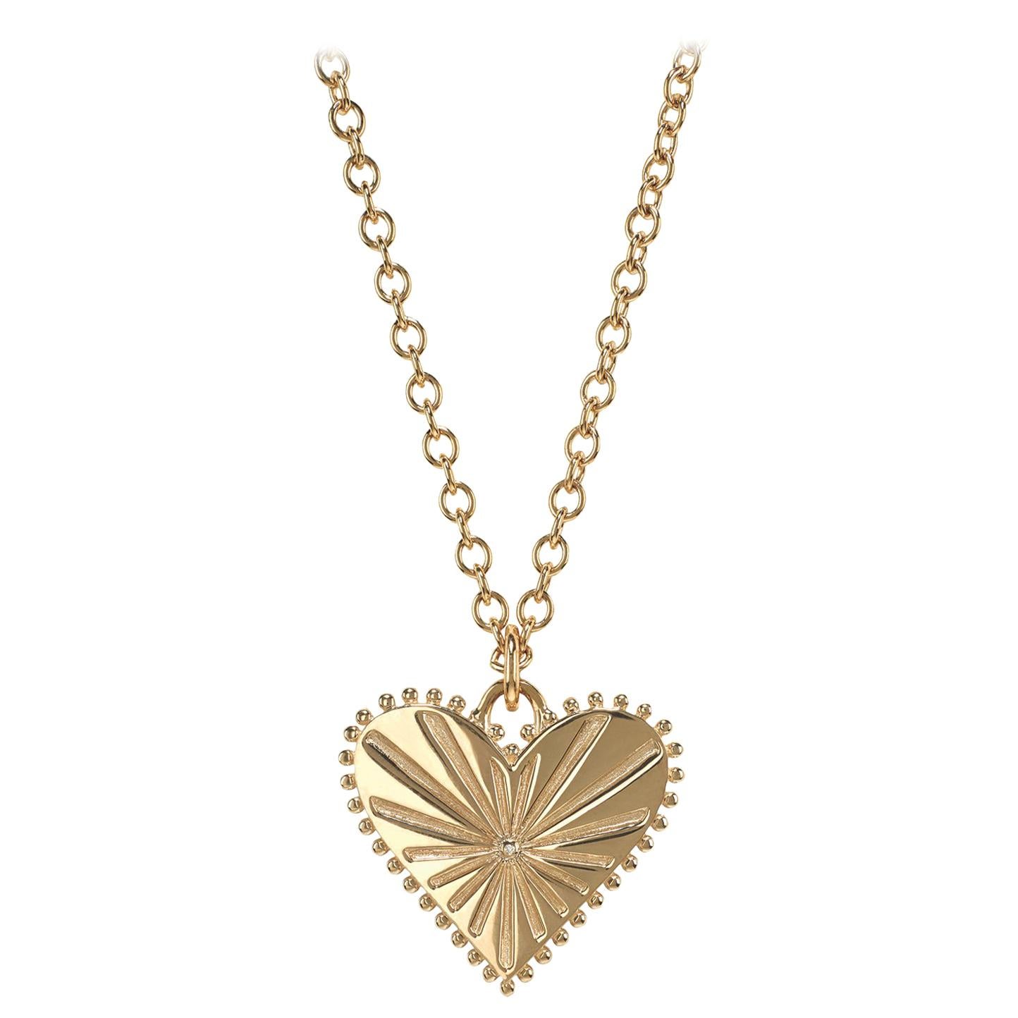Marlo Laz White Diamond 14 Karat Yellow Gold Heart Coin Charm Necklace