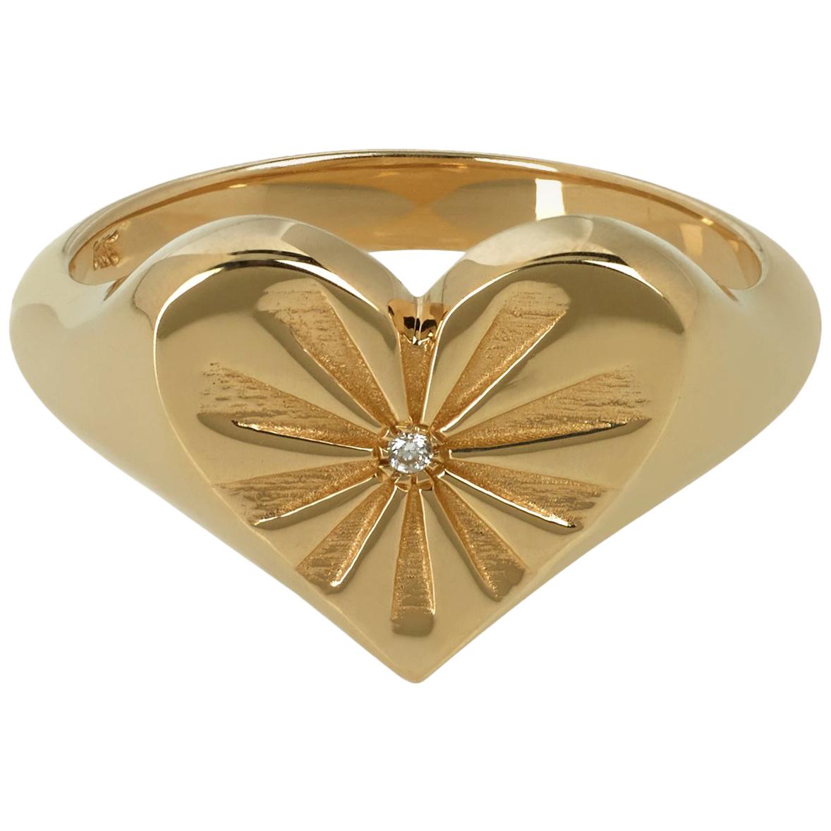 Marlo Laz Diamond 14 Karat Yellow Gold Heart Shape Signet Ring with Sun-rays