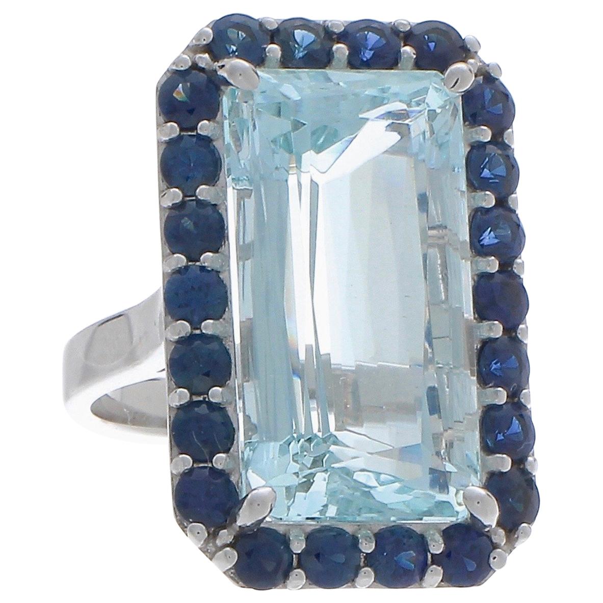 Aquamarine and Sapphire Cocktail Ring in 14 Karat White Gold