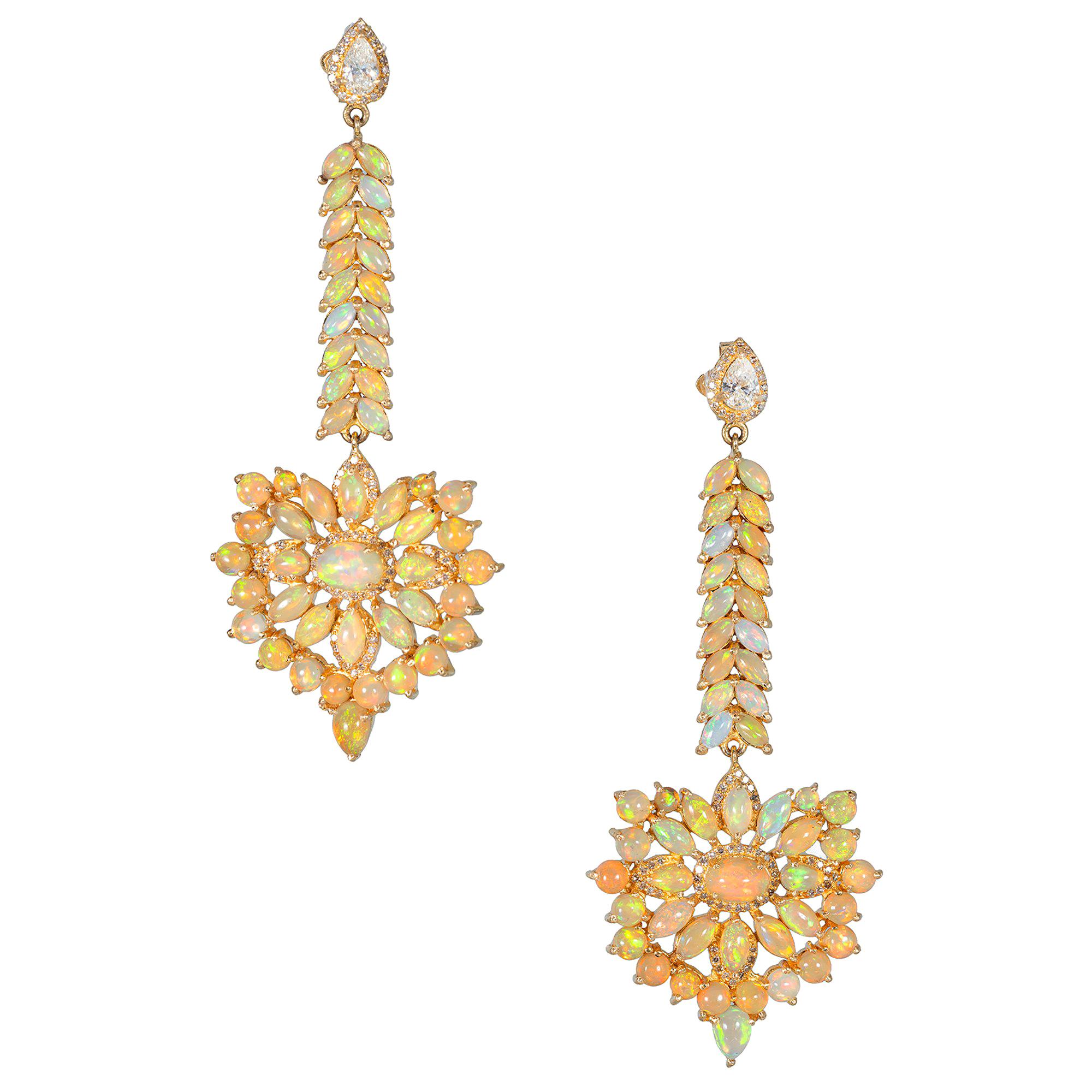 10.00 Carat Opal Diamond Yellow Gold Dangle Drop Earrings