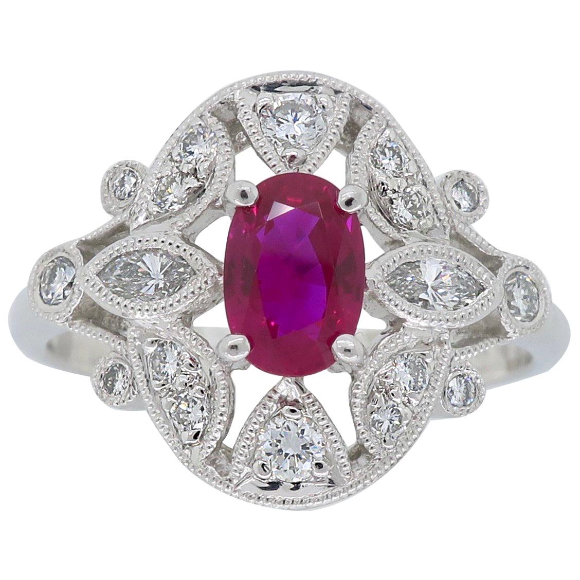 Filigree Diamond and Ruby Ring in Platinum