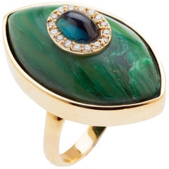 Marlo Laz Turmalina verde Jade brasileño Anillo de cóctel de oro amarillo de 14 quilates Ojo maligno