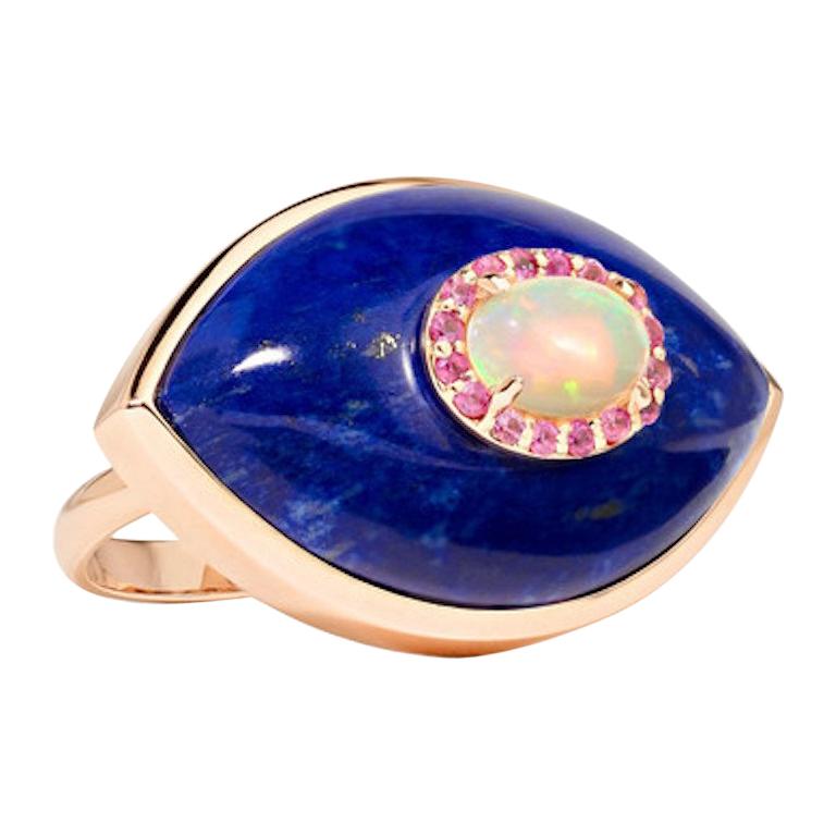 Marlo Laz Pink Sapphire Lapis Lazuli Opal 14K Rose Gold Evil Eye Cocktail Ring For Sale