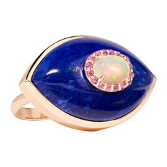 Marlo Laz Bague cocktail Evil Eye en or rose 14 carats avec saphirs roses, lapis-lazuli et opale