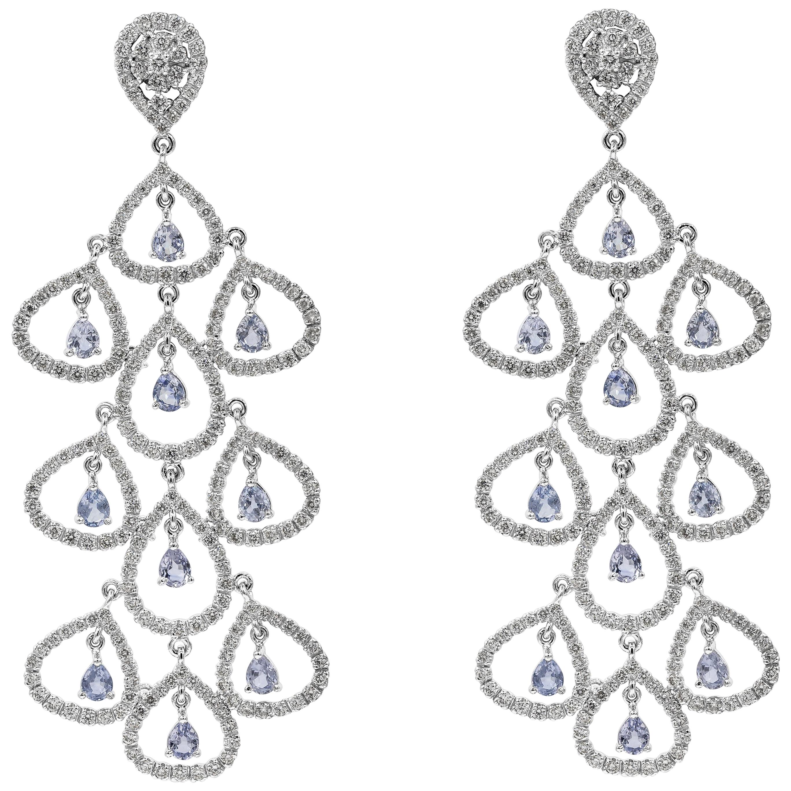 11.38 Carats Total Pear Shape Blue Sapphire & Round Diamonds Chandelier Earrings