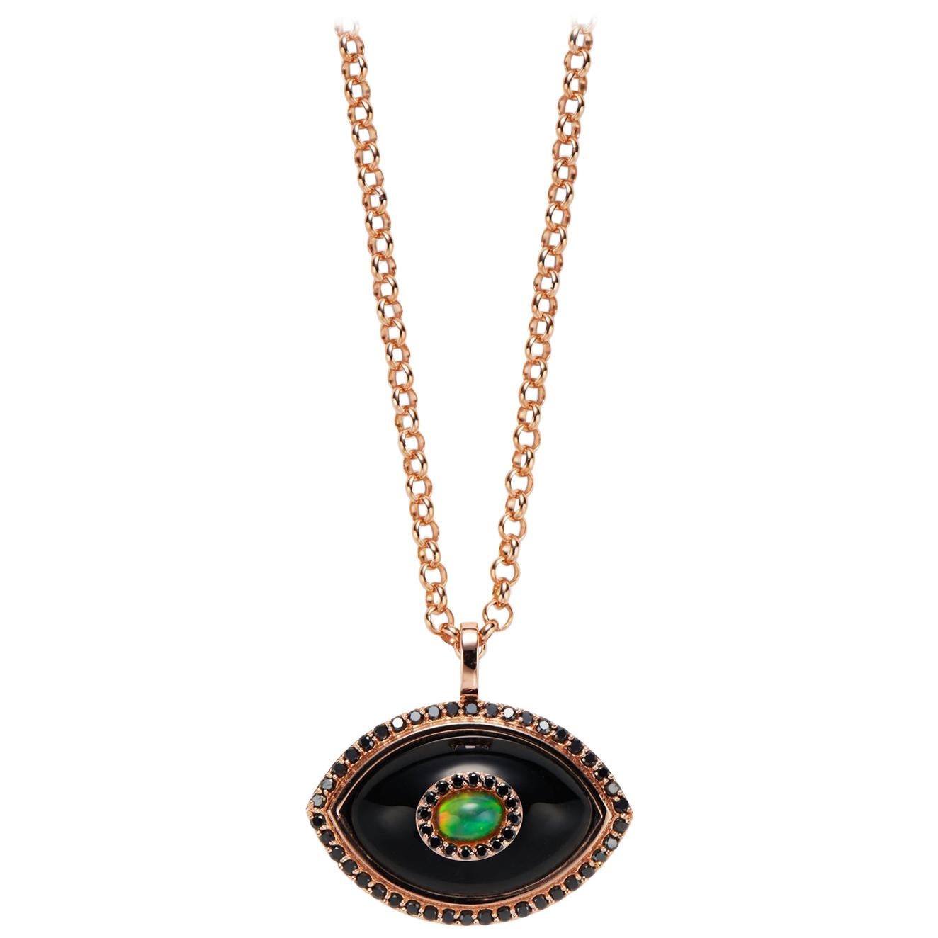 Marlo Laz Black Diamond Black Onyx Opal 14K Rose Gold Evil Eye Pendant Necklace  For Sale
