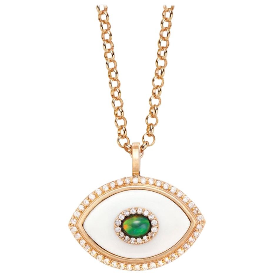 Marlo Laz Collier pendentif Evil Eye en or jaune 14 carats avec diamants, onyx blanc et opale