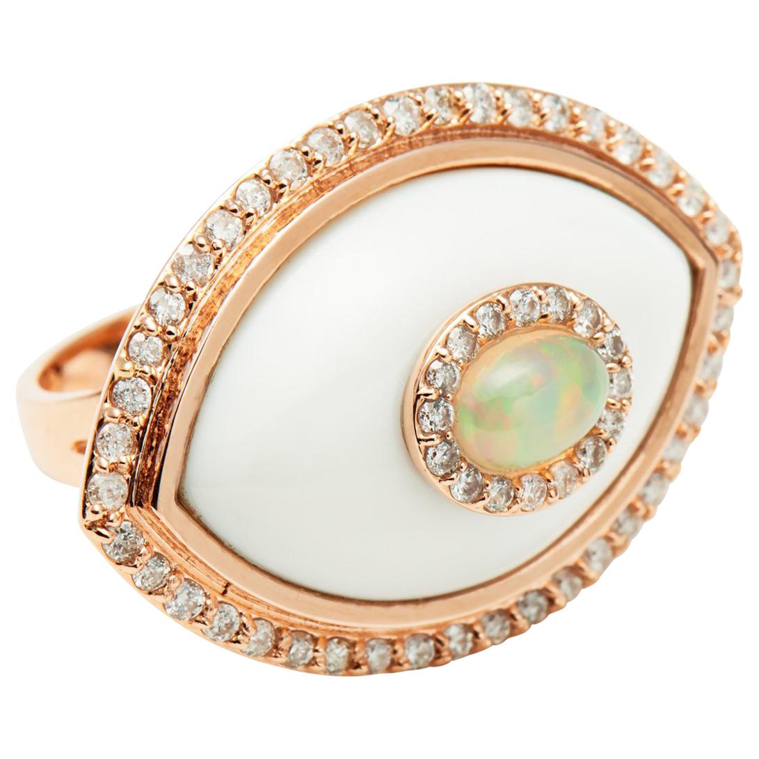 Marlo Laz White Diamond Onyx Opal 14K Yellow Gold Evil Eye Amulet Cocktail Ring For Sale