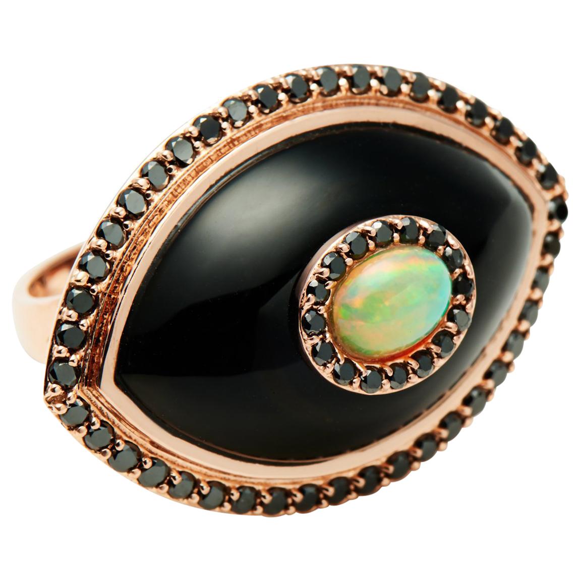 Marlo Laz Black Diamond Black Onyx Opal 14K Rose Gold Evil Eye Cocktail Ring 