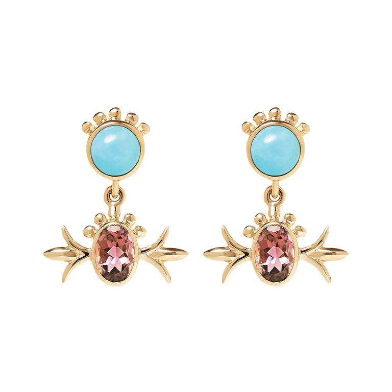 Marlo Laz Turquoise Pink Tourmaline 14K Yellow Gold Squash Blossom Earrings For Sale