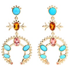 Marlo Laz, boucles d'oreilles en forme de fleur en turquoise, tourmaline rose et saphir 14 carats YG