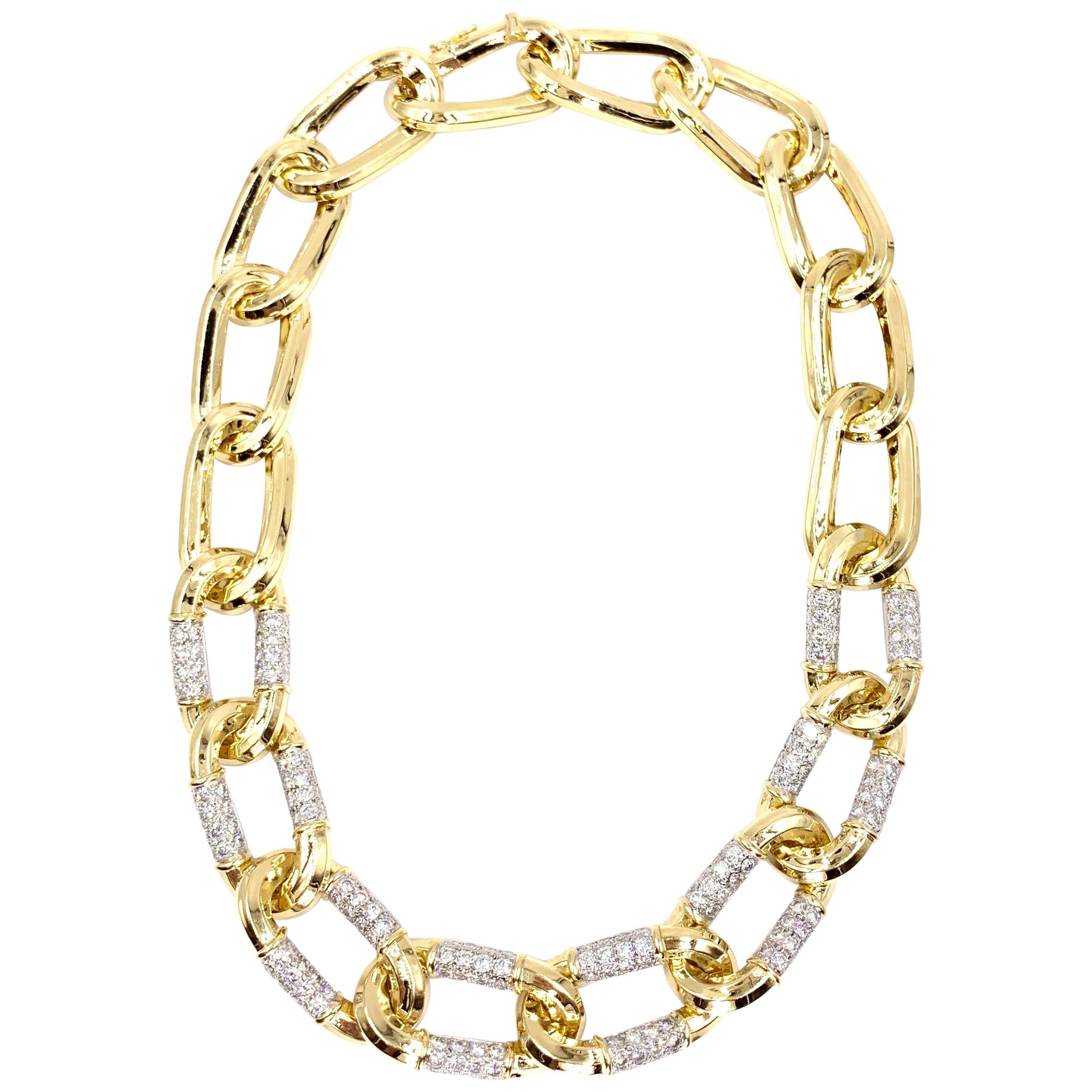 18 Karat and Platinum Charles Turi Large Oval Link Necklace with Diamonds For Sale