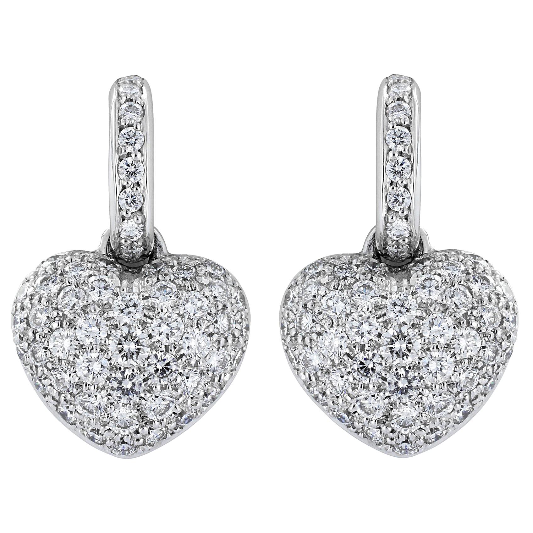 2.24 Carat Pave Set Diamond Heart Earrings For Sale