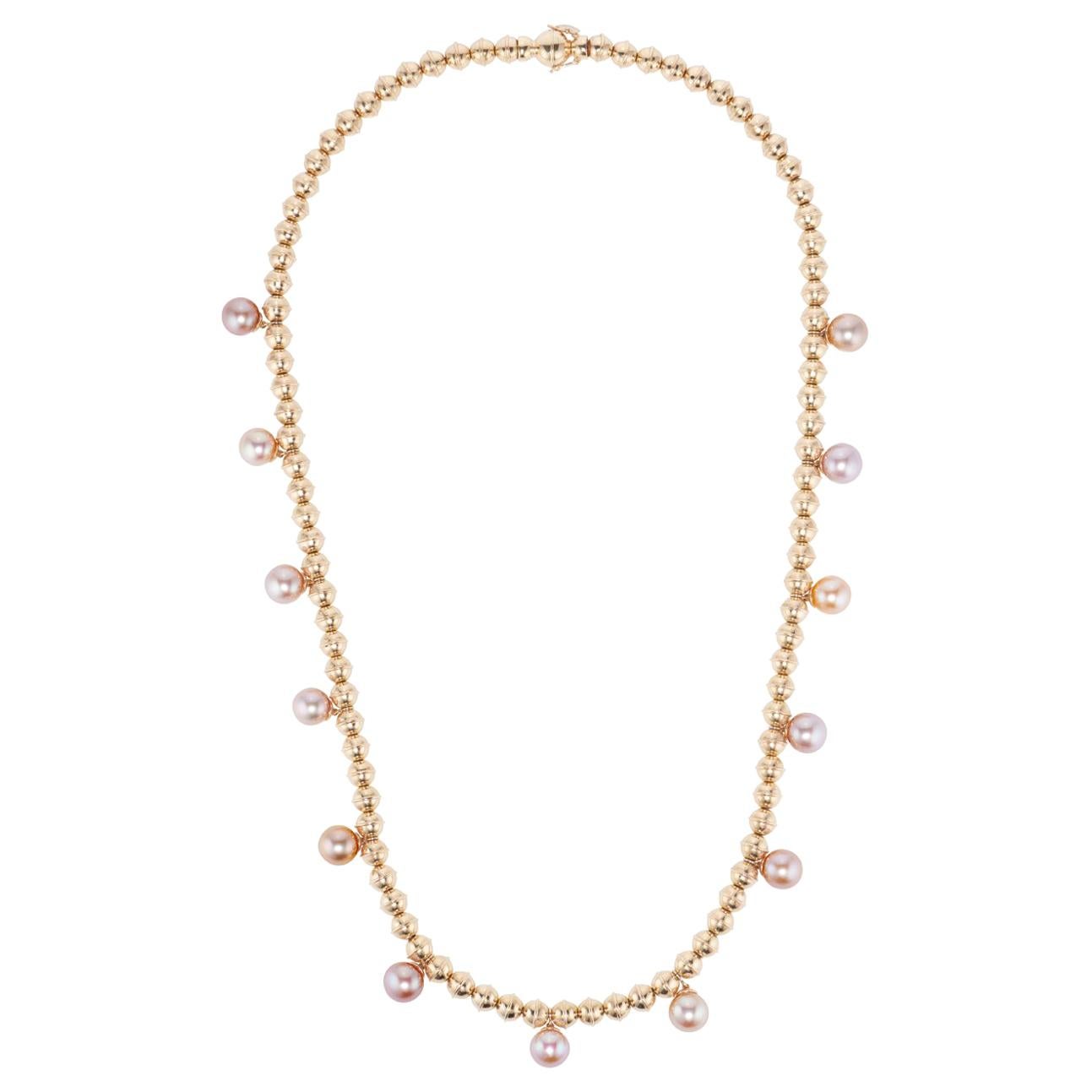 Marlo Laz Pink Pearl 14K Yellow Gold Bead Squash Blossom Southwestern Necklace For Sale