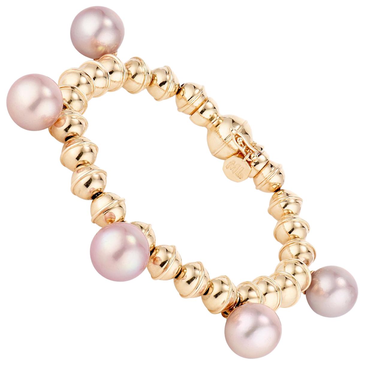 Marlo Laz Pink Pearl 14K Yellow Gold Bead Squash Blossom Stackable Bracelet For Sale