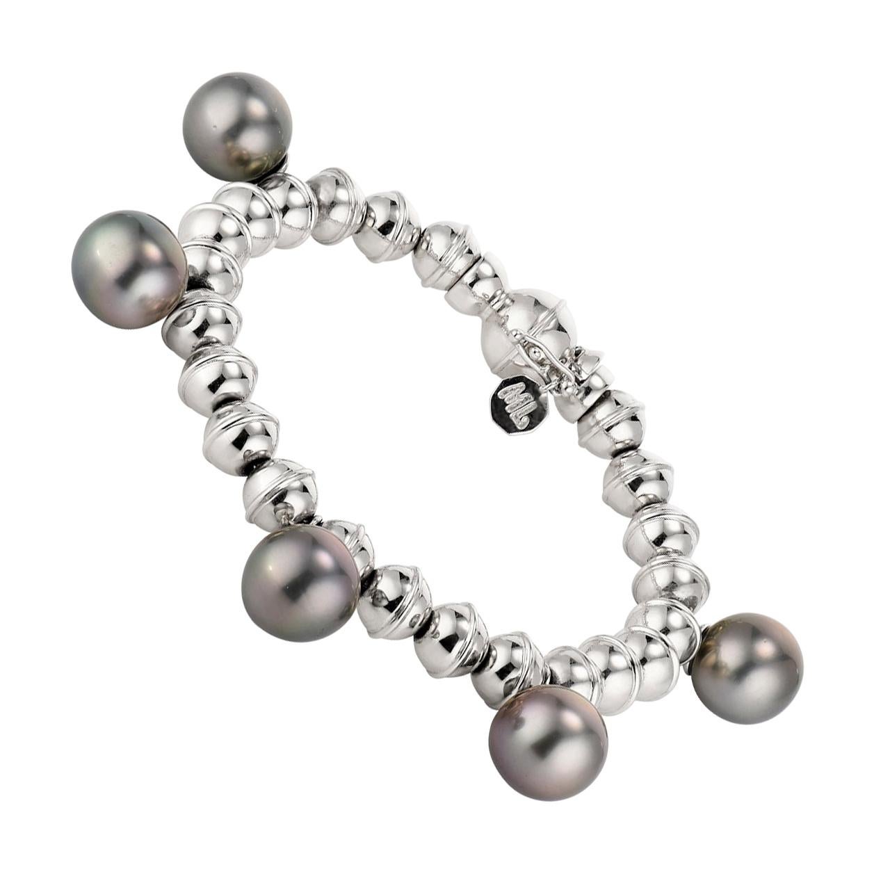 Marlo Laz Tahitian Pearl 14K White Gold Bead Squash Blossom Stackable Bracelet For Sale