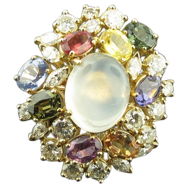 Diamond, Sapphire and Moon Stone Cocktail Ring, set in 14 karat yellow gold