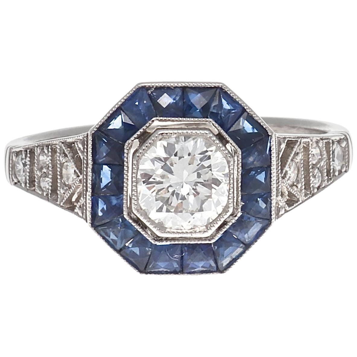 Art Deco Revival 0.68 Carat Diamond Sapphire Platinum Engagement Ring