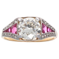 Art Deco GIA 1.16 Carat Old European Cut Diamond Ruby Gold Engagement Ring