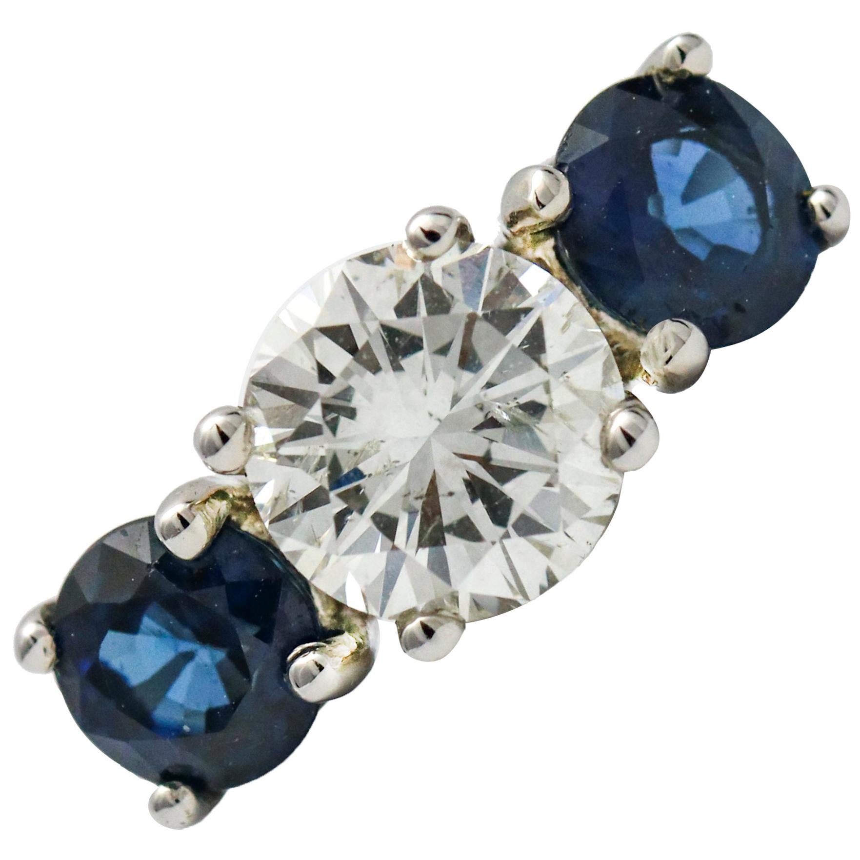 2.95 Carat 14 Karat White Gold Classic Diamond Sapphire Three-Stone Ring For Sale