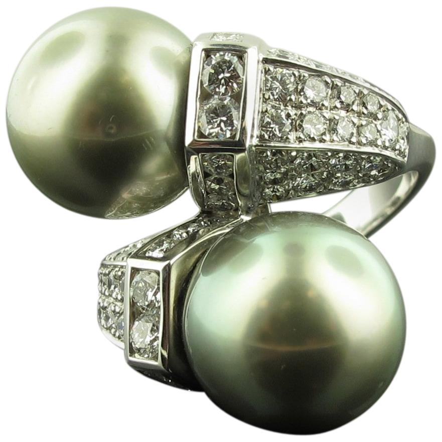 Matched Tahitian Pearl and Diamond Cross-Over Ring in 18 karat white gold  For Sale