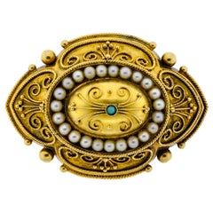 Superb Victorian 14 Karat YG Pearl and Turquoise Locket Compartment Back Brooch