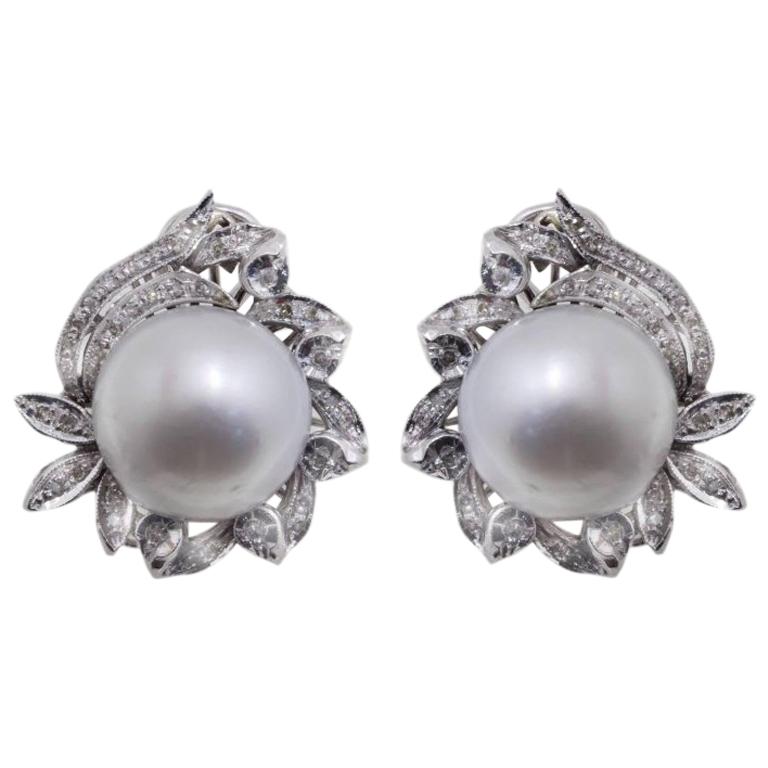 Diamond and Australian Pearl Gold Earrings For Sale at 1stdibs