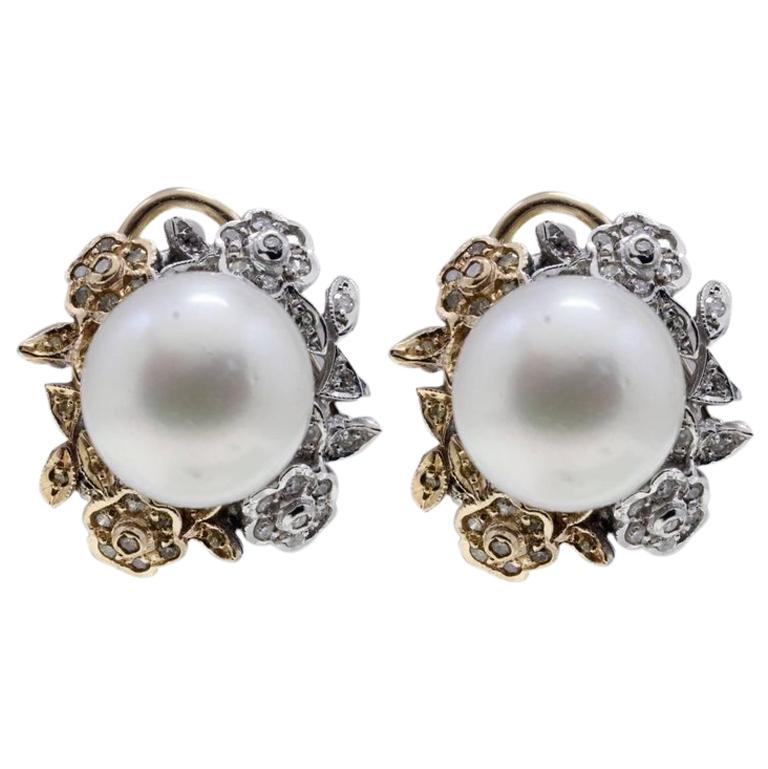 Diamond and Australian Pearl Earrings For Sale