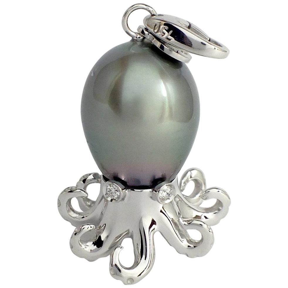 Octopus White Diamond 18 Karat Gold Tahitian Pearl Pendant or Necklace and Charm