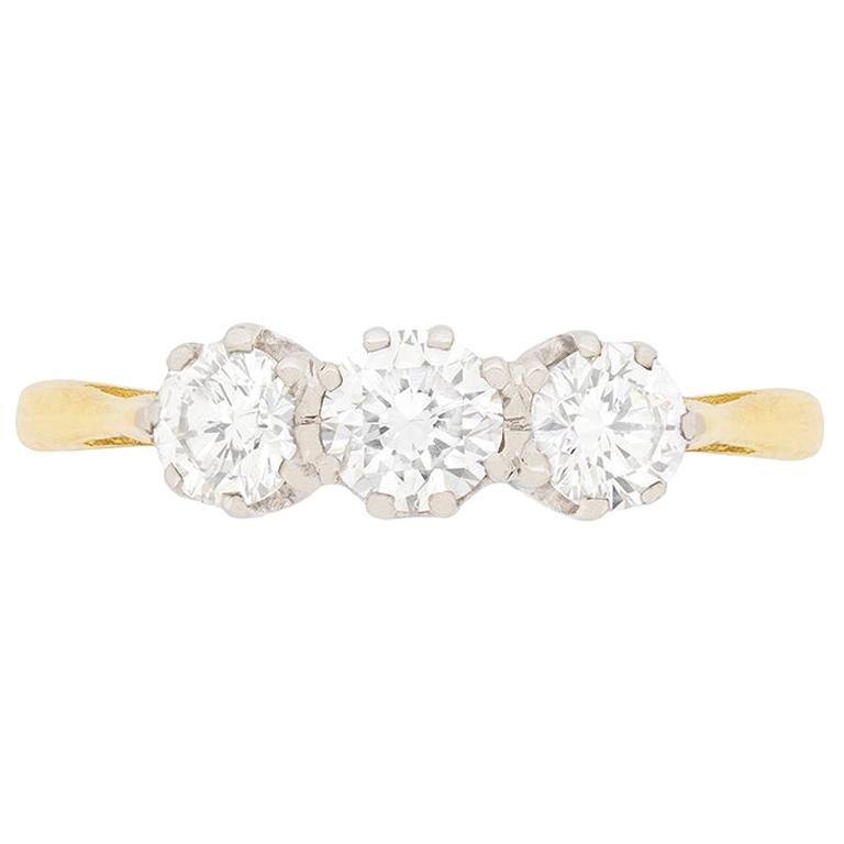 Late Deco Diamond Three-Stone Ring, circa 1950s For Sale