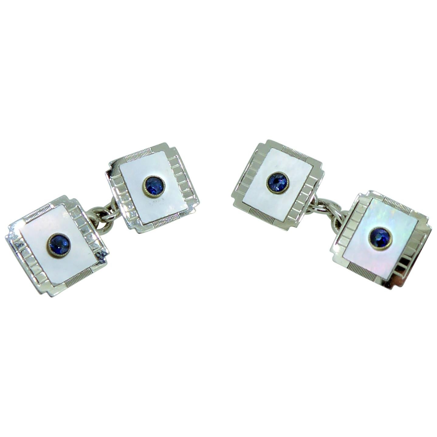 Art Deco Sapphire and Mother of Pearl Cufflinks, White Gold, circa 1920s